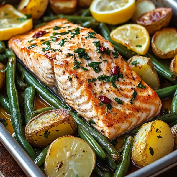 Einfaches Blechlachs Rezept mit grünen Bohnen und Kartoffeln