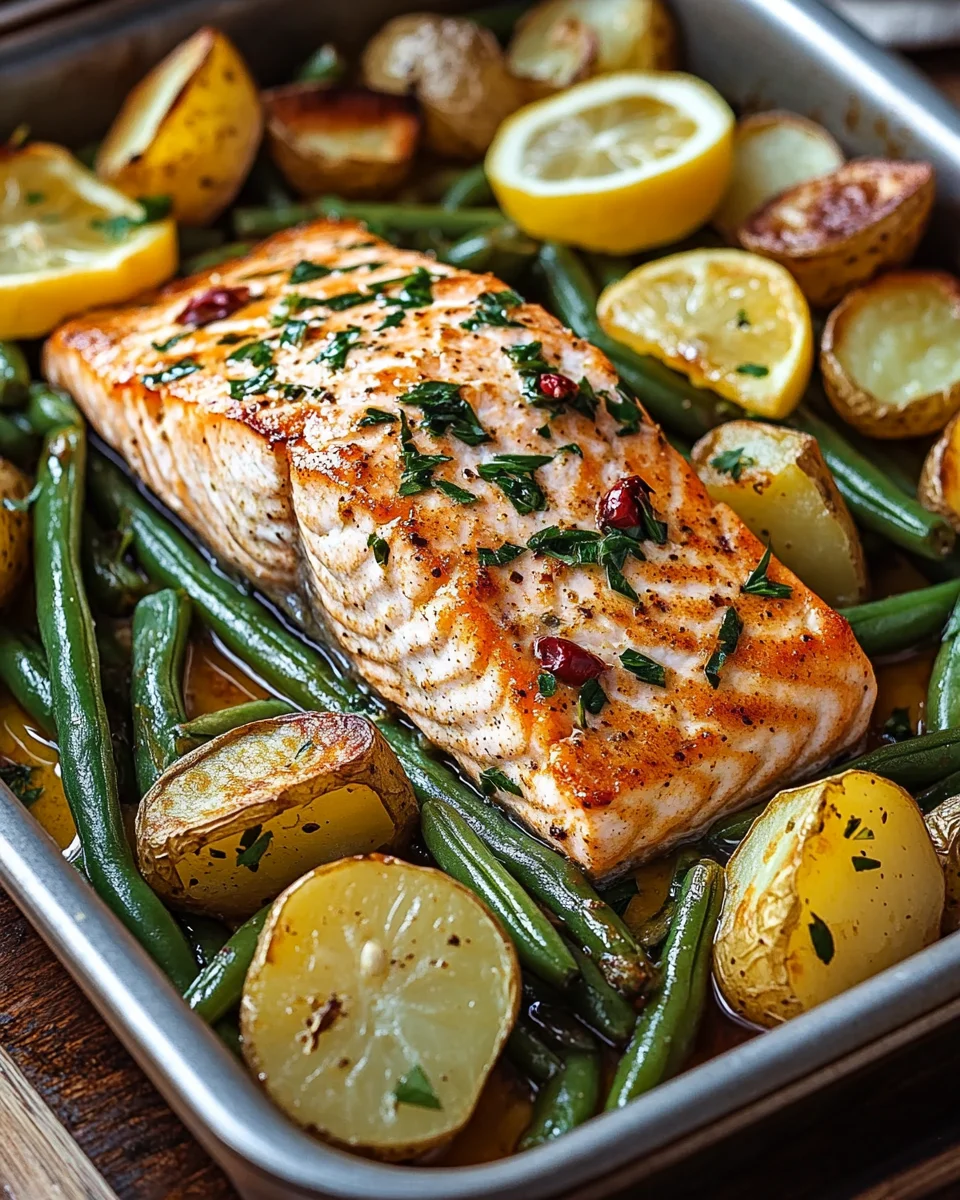 Einfaches Blechlachs Rezept mit gr&uuml;nen Bohnen und Kartoffeln