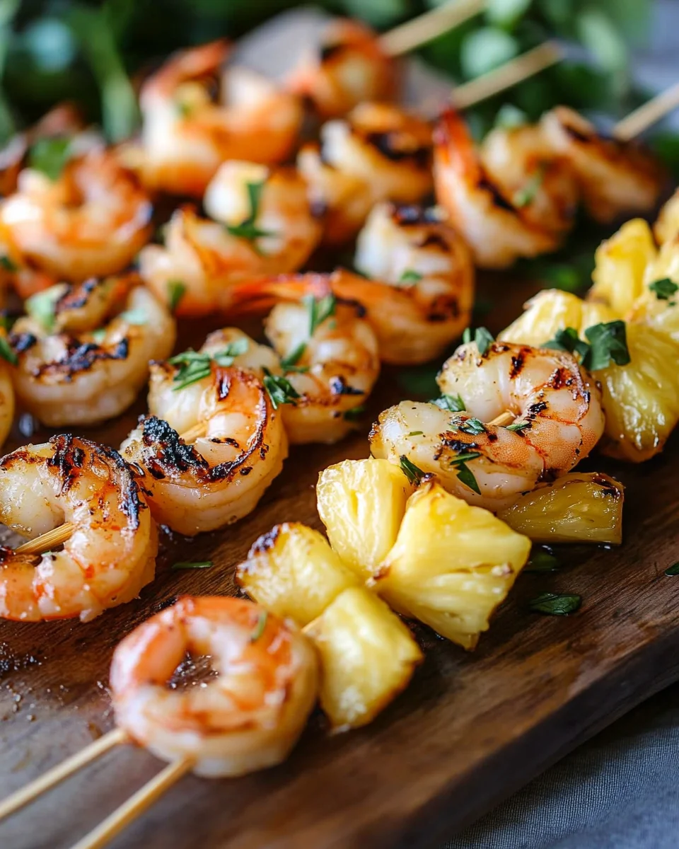 Gegrillte Garnelenspieße mit Ananas in Öl und Knoblauchsoße 16 Gegrillte