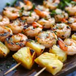 Gegrillte Garnelenspie&szlig;e mit Ananas in &Ouml;l und Knoblauchso&szlig;e
