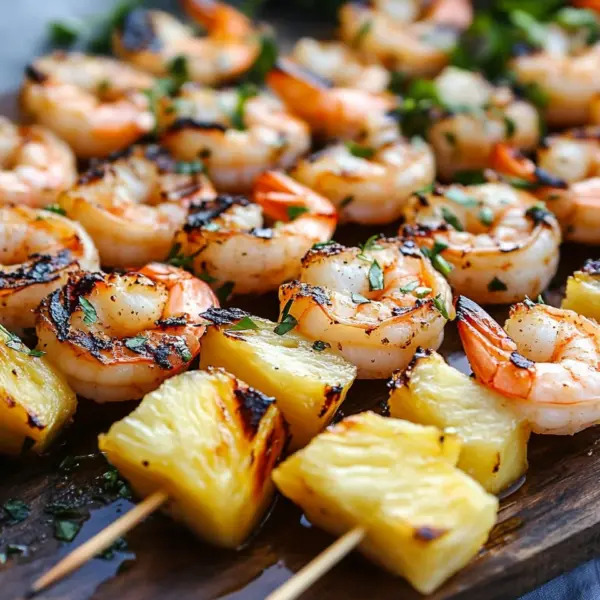 Gegrillte Garnelenspieße mit Ananas in Öl und Knoblauchsoße