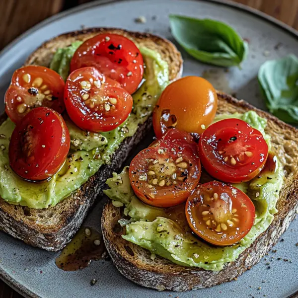 Geröstetes Brot mit Avocadobutter und Tomatensalat