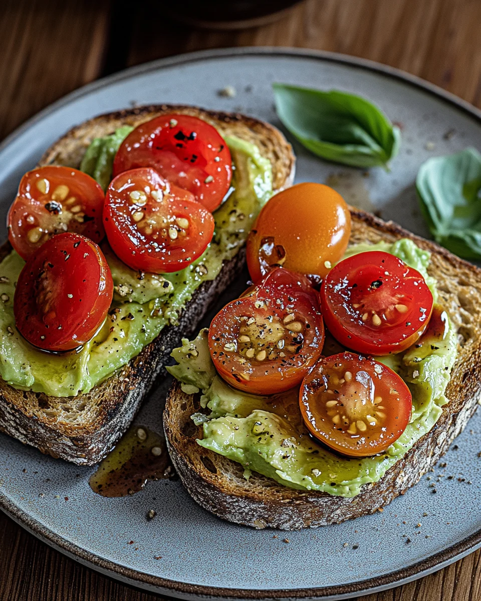 Geröstetes Brot mit Avocadobutter und Tomatensalat
