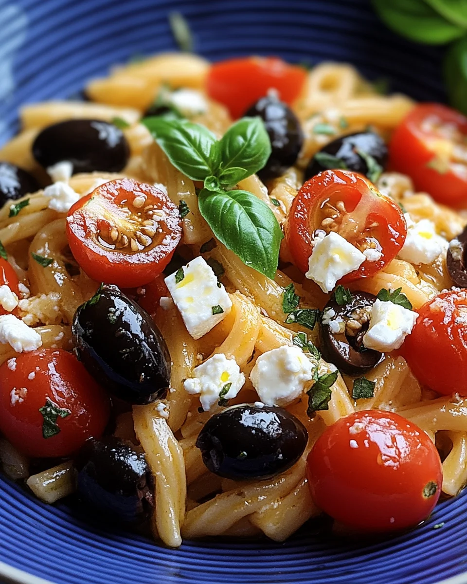 Griechische Reisnudeln mit Tomaten, Feta und Oliven