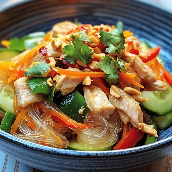 Lauwarmer Glasnudelsalat mit Erdnusshähnchen