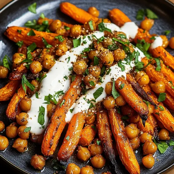 Spicy Maple-Roasted Carrots with Crispy Chickpeas and Yogurt Sauce