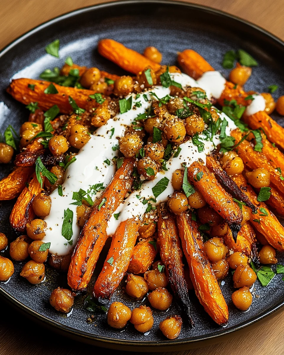 Spicy Maple-Roasted Carrots with Crispy Chickpeas and Yogurt Sauce