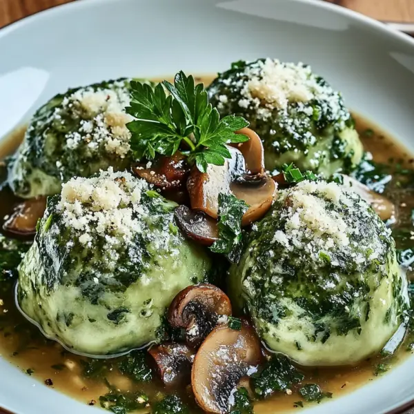 Spinat-Knödel mit Pilzragout