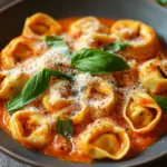 Tortellini mit Tomaten-Sahneso&szlig;e, K&auml;se und Basilikum