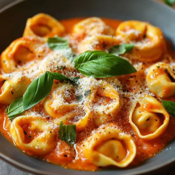 Tortellini mit Tomaten-Sahnesoße, Käse und Basilikum