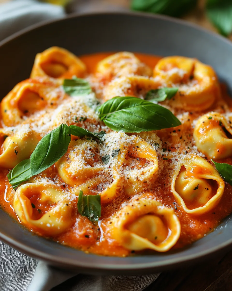 Tortellini mit Tomaten-Sahneso&szlig;e, K&auml;se und Basilikum