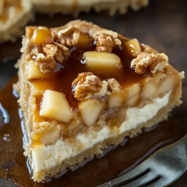 Apfel-Cheesecake mit Walnuss-Streuseln und Karamellsauce