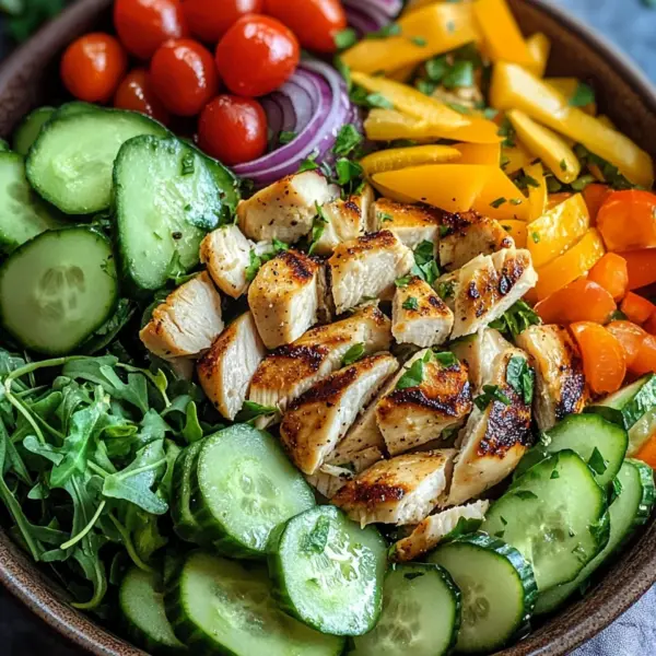 Bunte Salat Bowl mit Avocado, Hähnchen und Knoblauchdressing