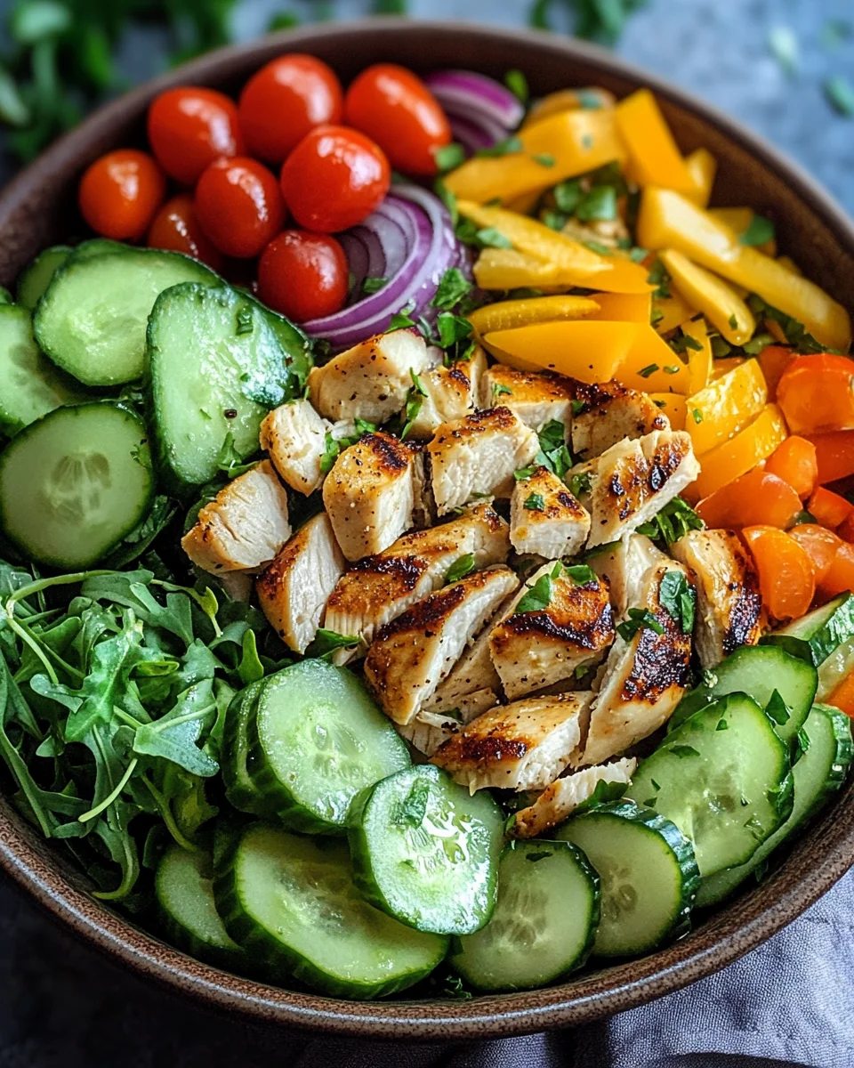 Bunte Salat Bowl mit Avocado, Hähnchen und Knoblauchdressing