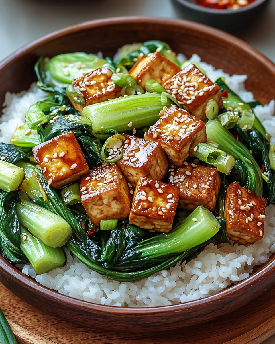 Gebratener Pak Choi mit knusprigem Tofu und Reis