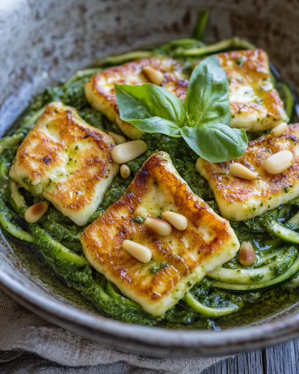 Halloumi mit Zucchini-Pesto-Nudeln