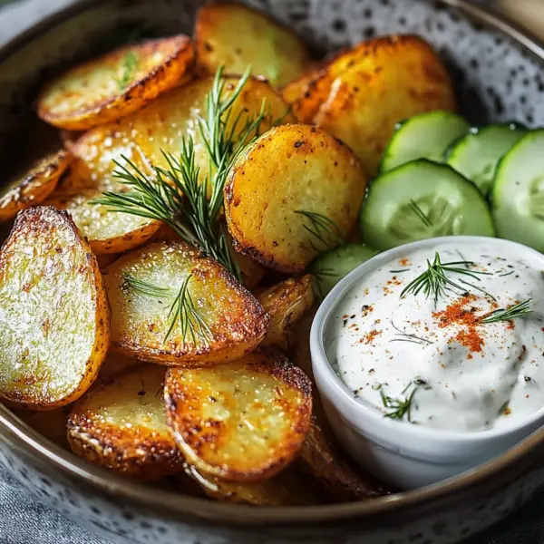 Kartoffelspalten mit Gurkendip