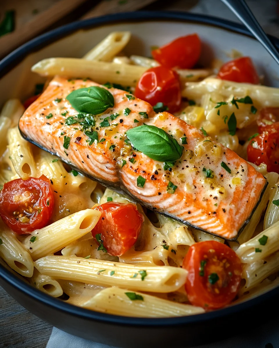 Ofen-Lachs-Pasta mit Tomaten