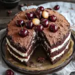 Winterlicher Maulwurfkuchen mit Zimtsahne und Punschkirschen