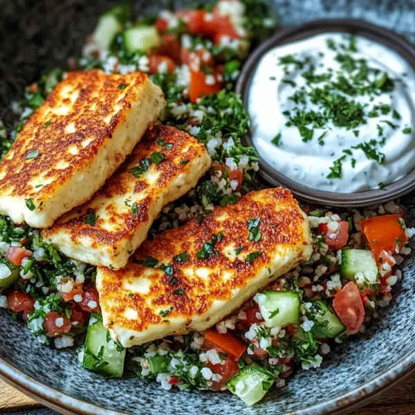Würziger Halloumi mit Tabbouleh und Minzjoghurt