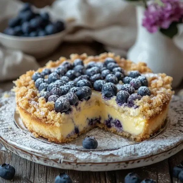 Blaubeerkuchen mit Pudding und Streusel