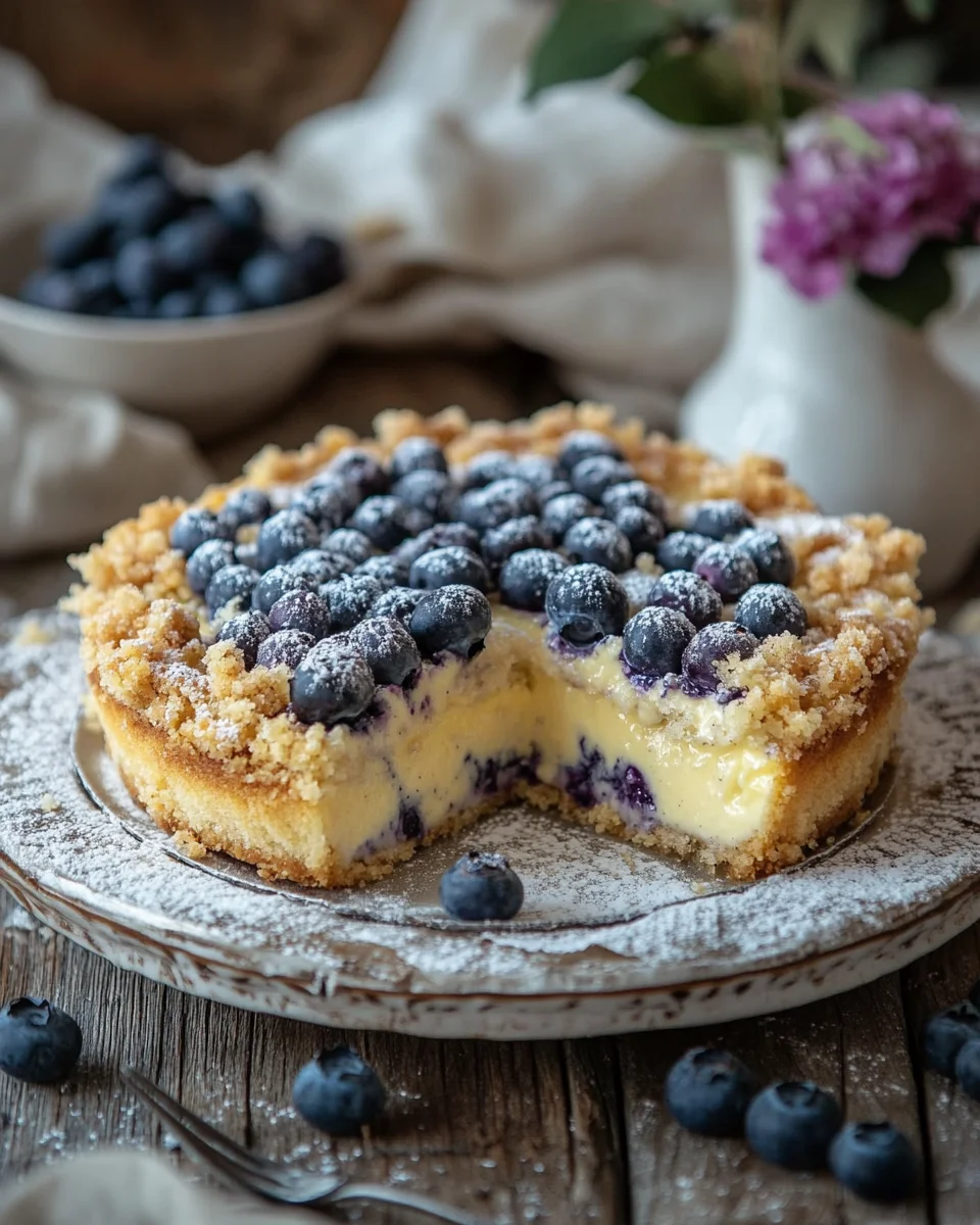 Blaubeerkuchen mit Pudding und Streusel