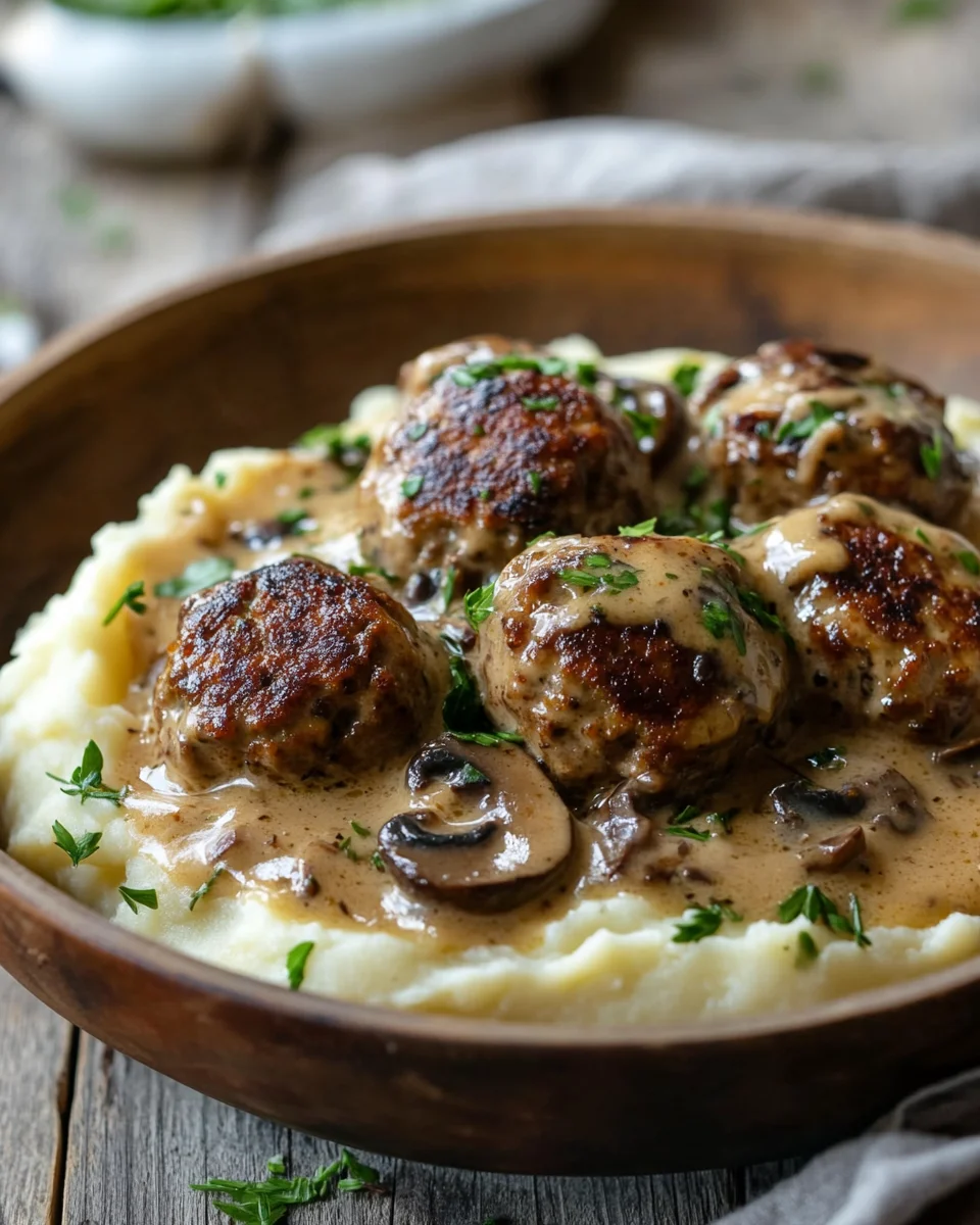 Fleischbällchen mit Kartoffelpüree und Champignonrahmsauce 17 Fleischbällchen