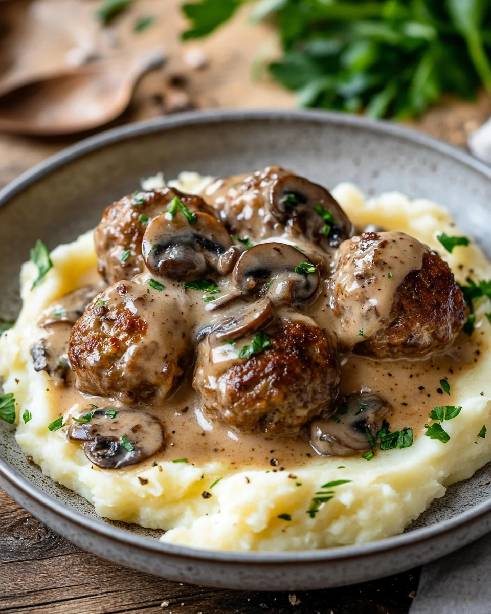 Fleischbällchen mit Kartoffelpüree und Champignonrahmsauce 19 Fleischbällchen mit Kartoffelpüree und Champignonrahmsauce