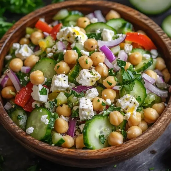 Gurkensalat mit Feta und Kichererbsen