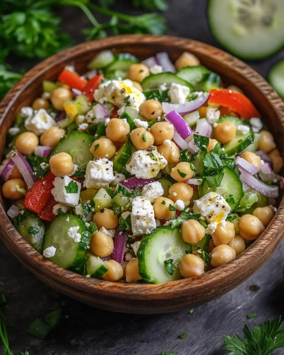 Gurkensalat mit Feta und Kichererbsen