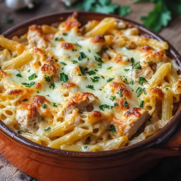 Knuspriger Nudel-Hähnchen-Auflauf mit Knoblauch und Parmesan