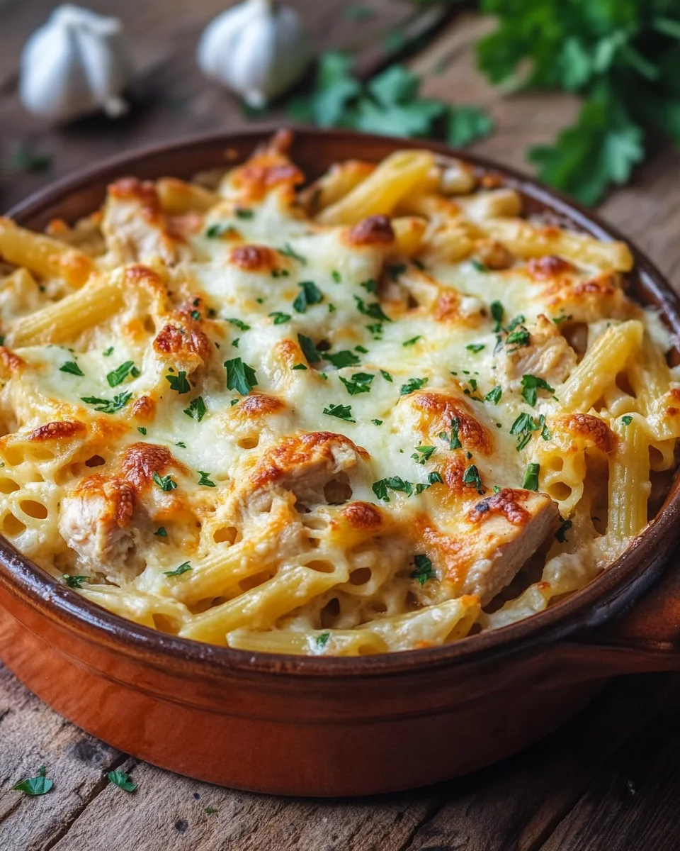 Knuspriger Nudel-Hähnchen-Auflauf mit Knoblauch und Parmesan