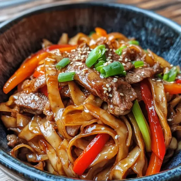 Reisnudeln mit Rindfleisch, Sojasauce und Gemüse