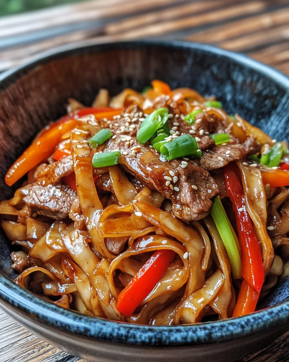 Reisnudeln mit Rindfleisch, Sojasauce und Gemüse